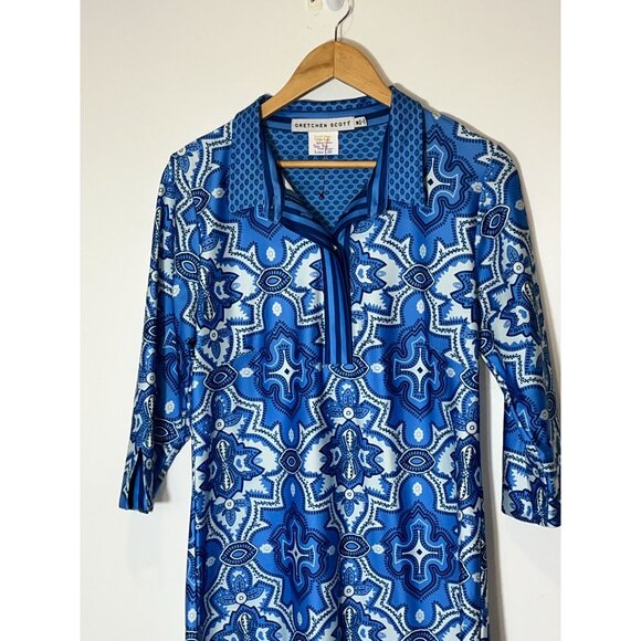 Gretchen Scott Blue & White Boho Print Mini Dress M Medium Women - Picture 2 of 9